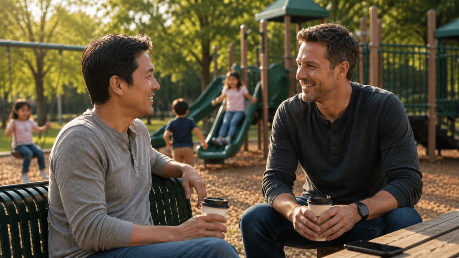 Two fathers talking, illustrating the peer support and community that helps dads carry the mental load