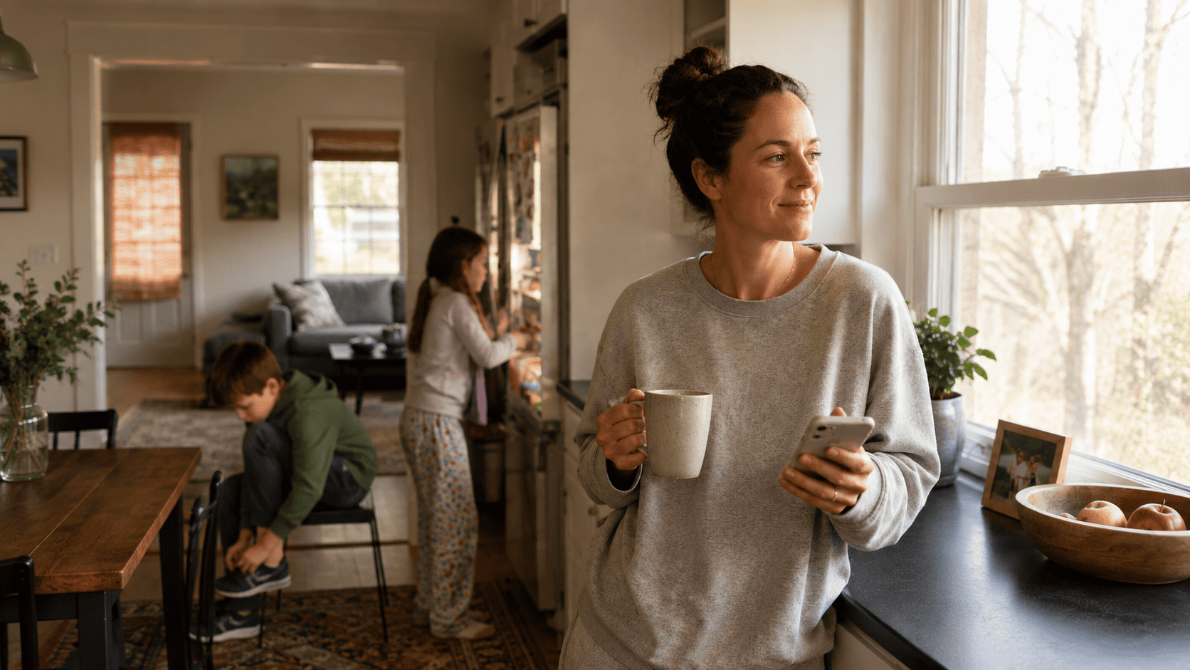 A mother holds her coffee at a sunlit kitchen window while her kids play independently in the background, a calm morning moment for the modern beta mom.