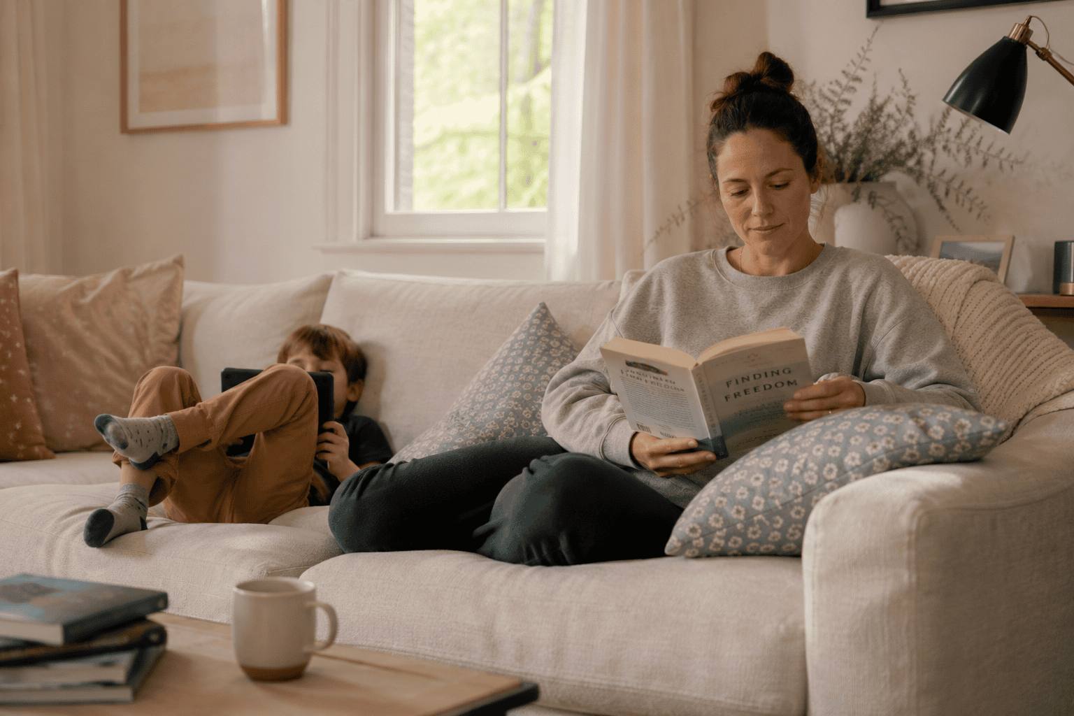 A mother reads a book on the couch while her young child plays independently nearby. The kind of unstructured time beta moms intentionally protect.