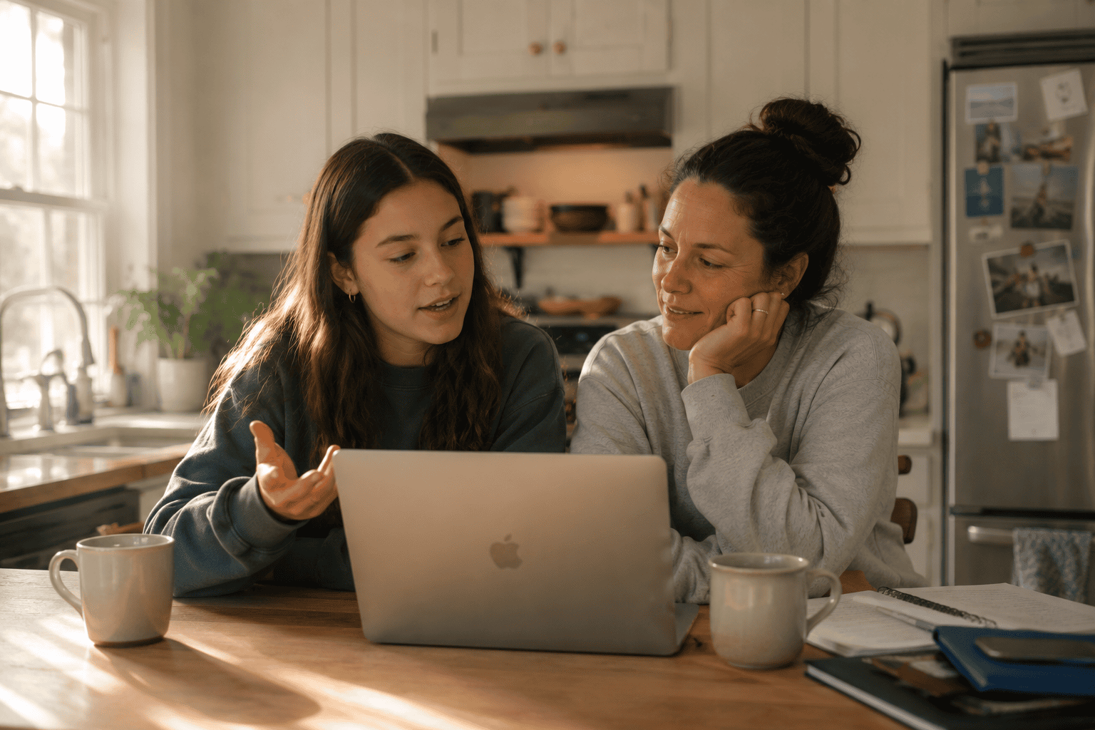 A mother and her teenage daughter work together on homework at a sunlit kitchen island. The warm, intentional version of intensive parenting some families thrive in.