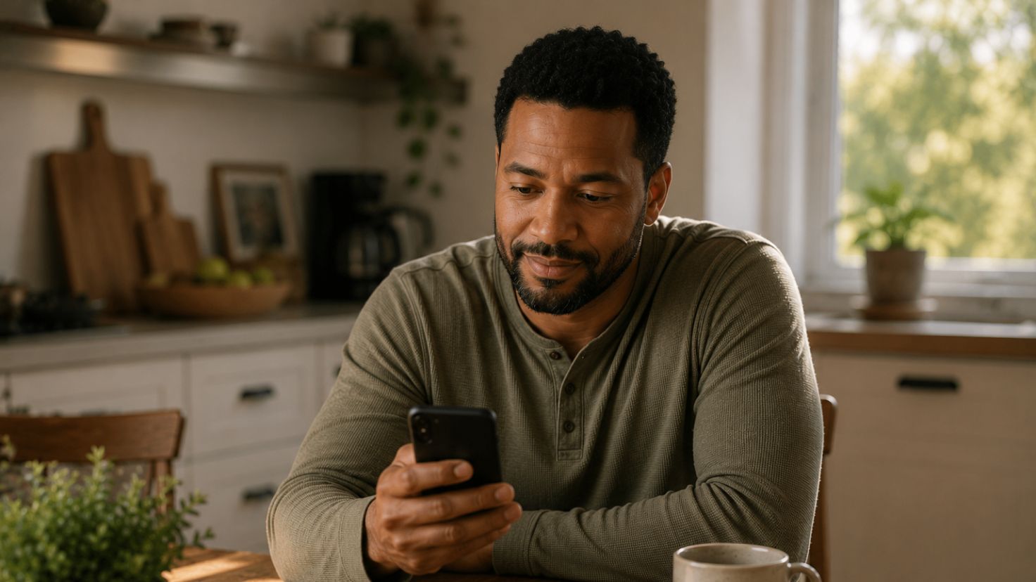 A father checking the family calendar on a household management app at home