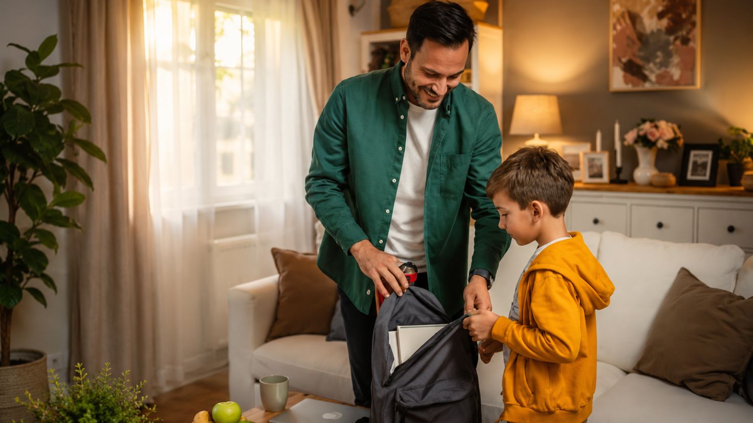 A father packing his child's school backpack, an example of the everyday logistics fathers manage