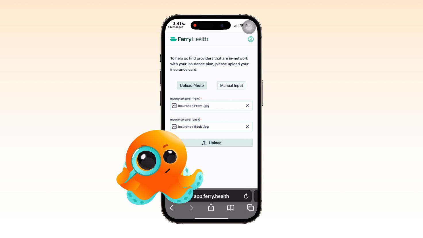 Ferry Health app insurance card upload screen during first-time setup