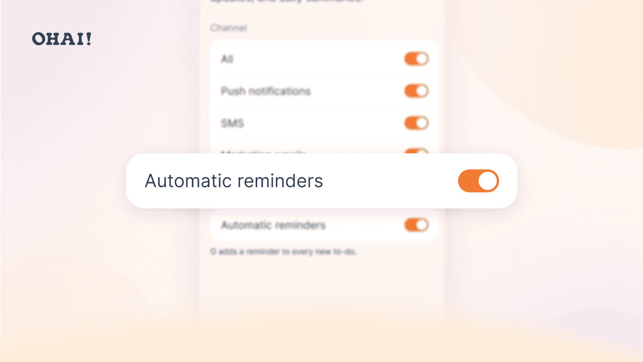 Ohai Notification Settings screen with the automatic reminders toggle, which is on by default