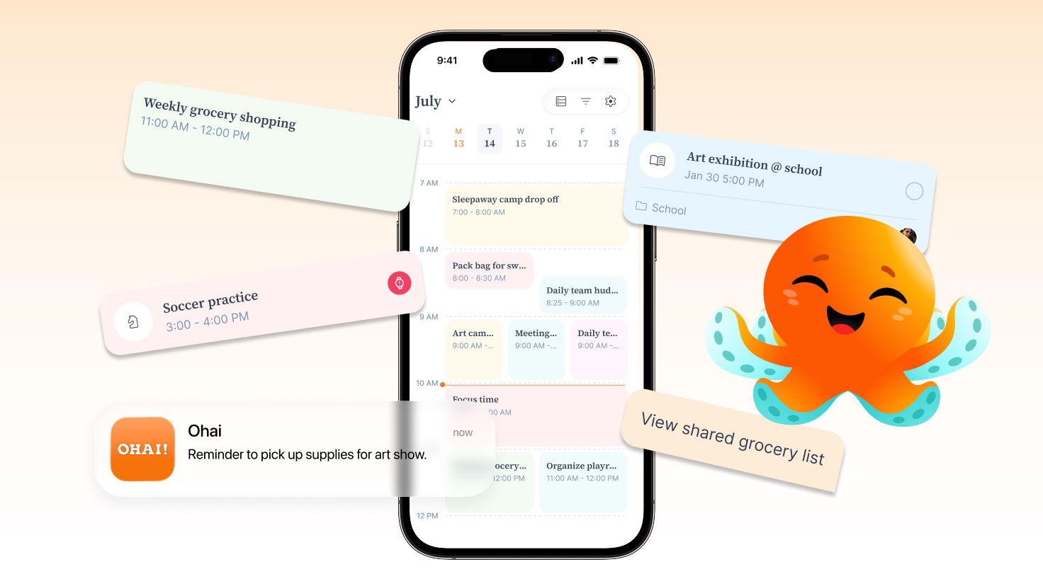 Ohai family app screenshot showing a shared calendar with camp drop-off, soccer practice, and grocery reminders managed by O