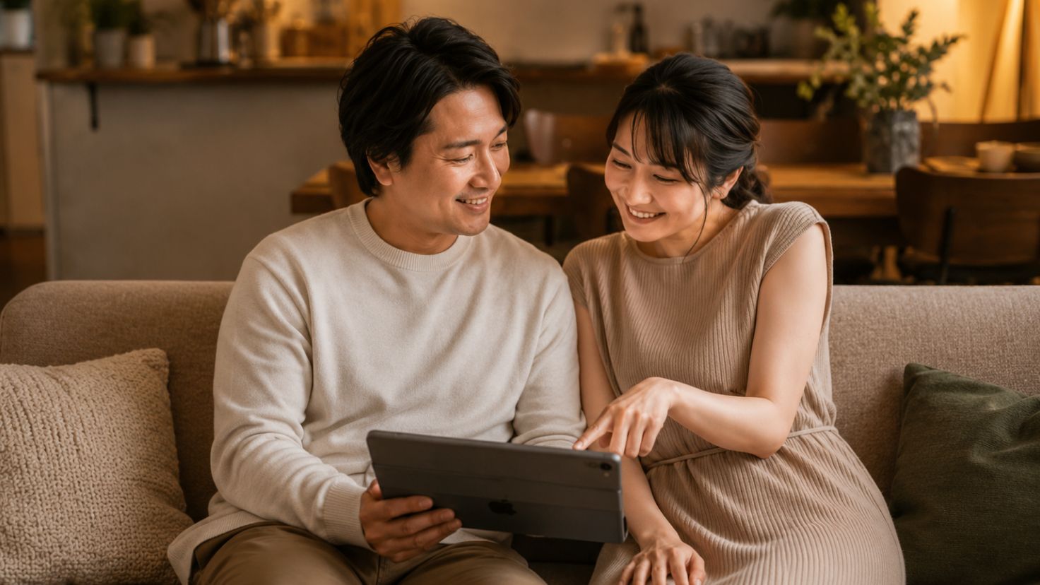Two parents reviewing the family schedule together on a tablet, sharing household management