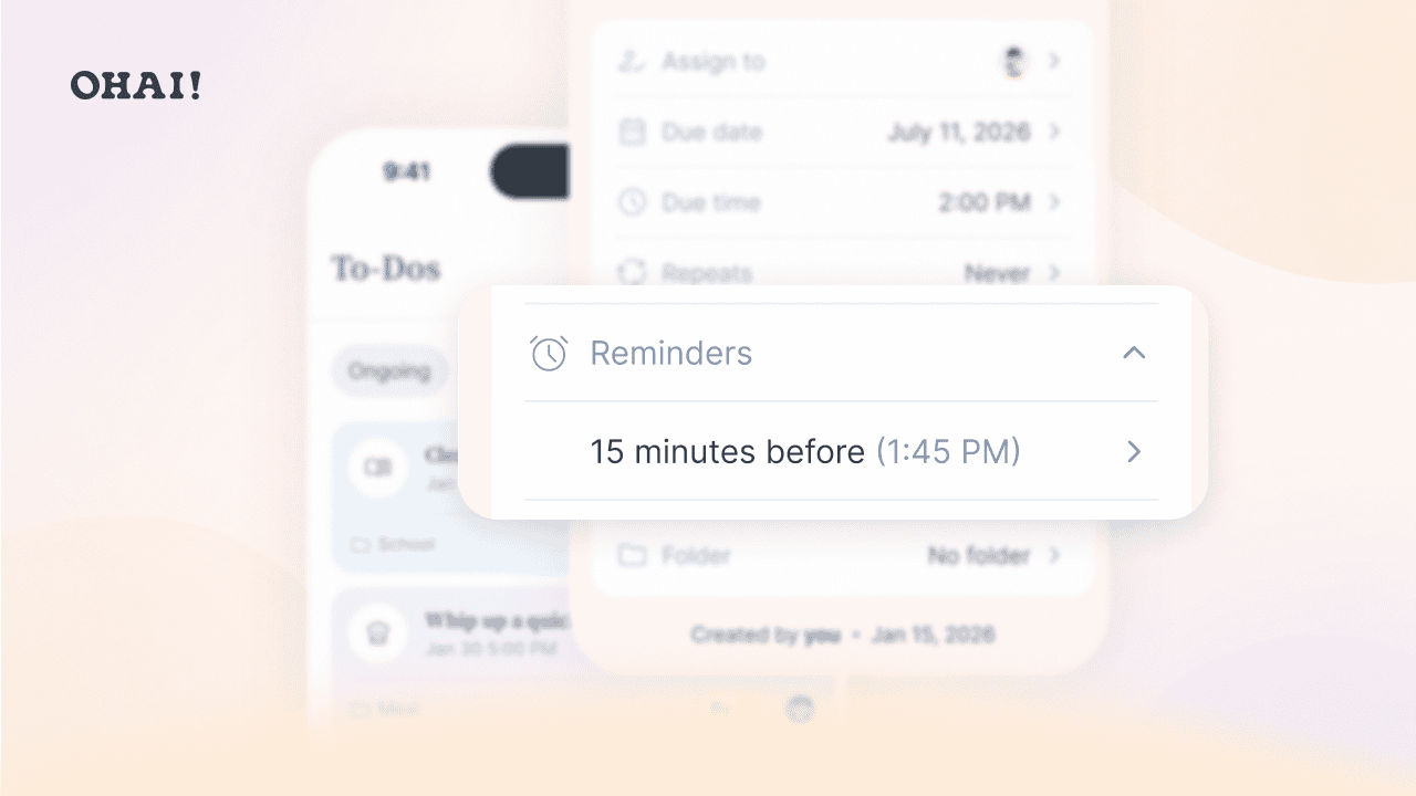 Ohai to-do detail screen with the reminder row highlighted, where you add, edit or delete a reminder