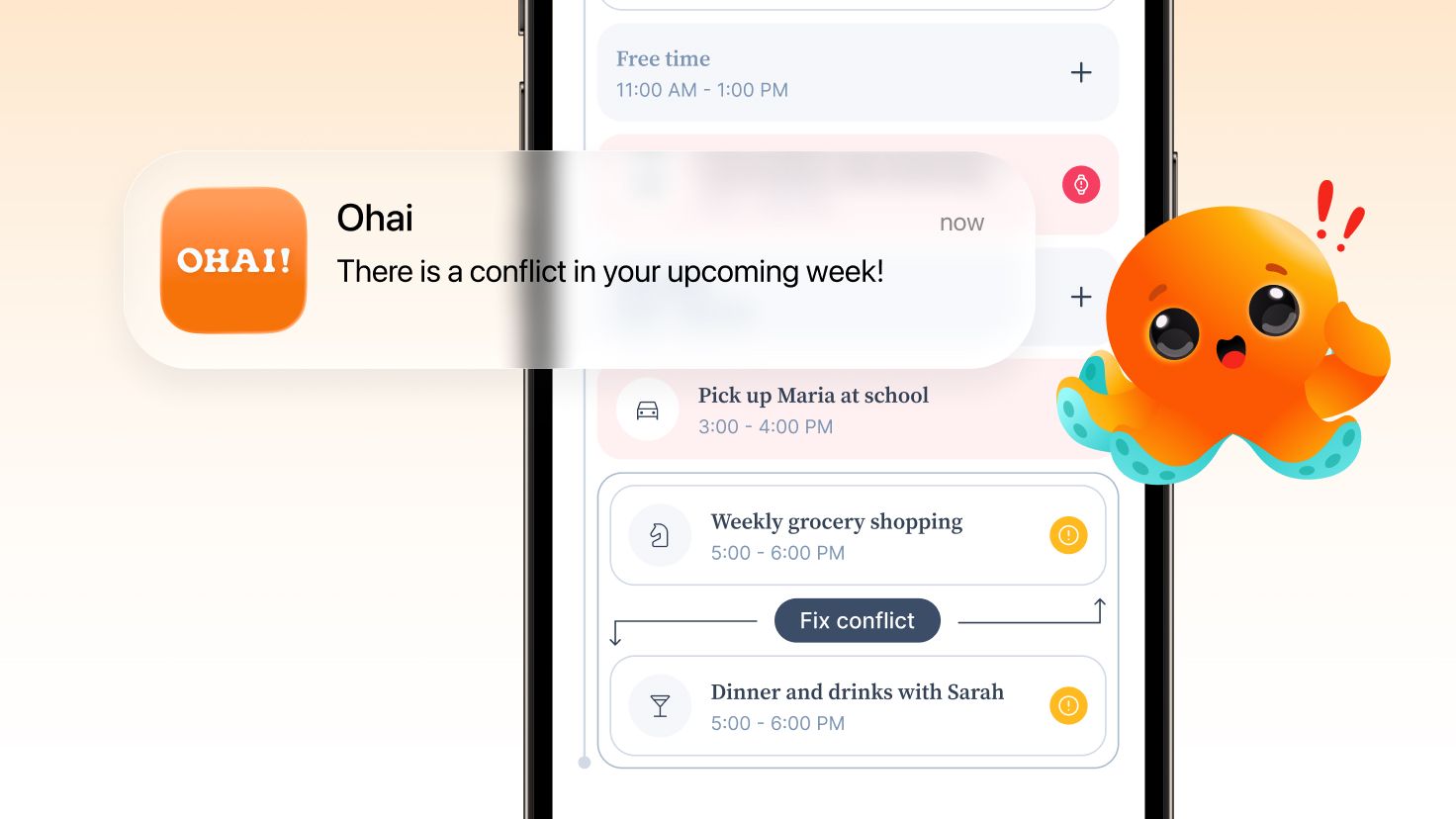 Ohai flagging a calendar conflict between two kids' activities before it becomes a problem