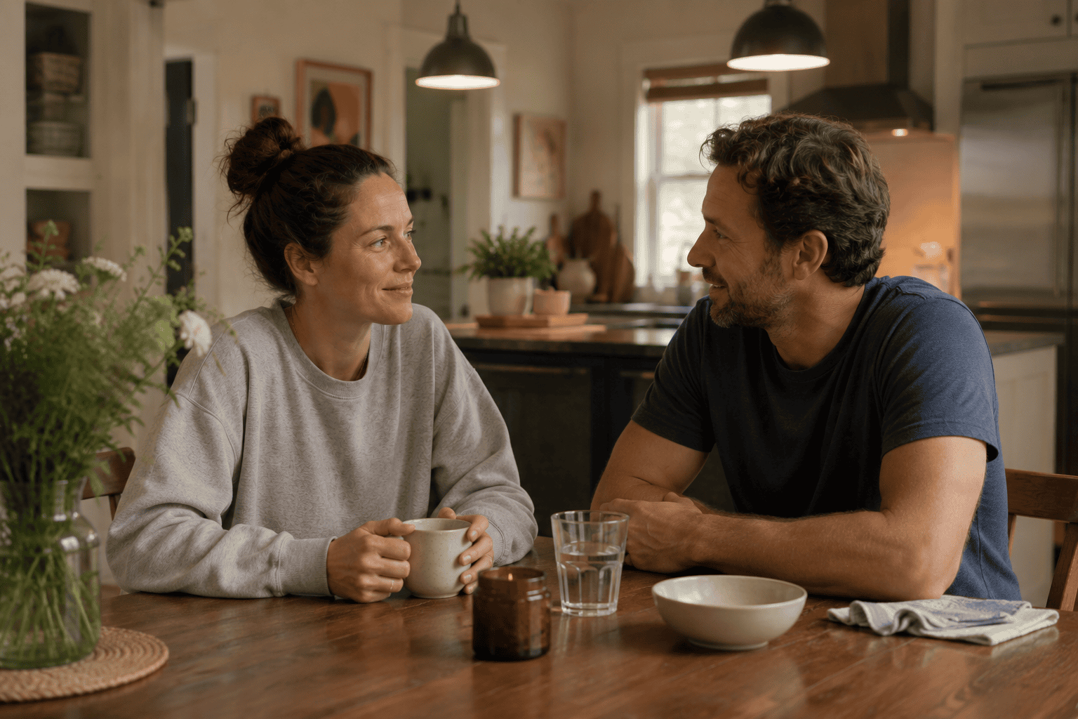 A mother and her partner share coffee and a real conversation at the kitchen table. The kind of connection that becomes possible when the mental load is shared.