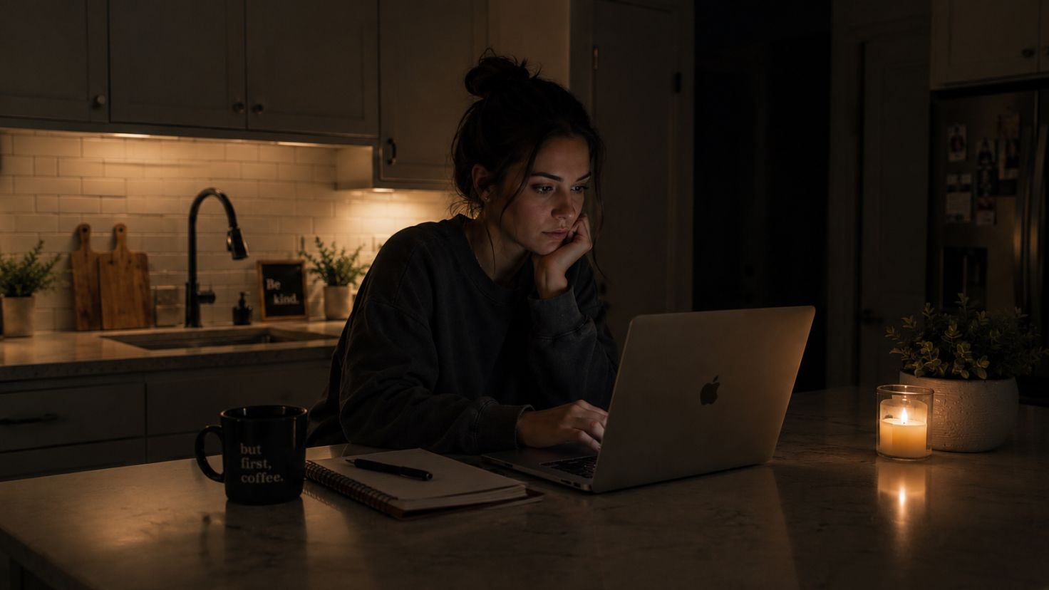 A mom working late at the kitchen table on her laptop by candlelight