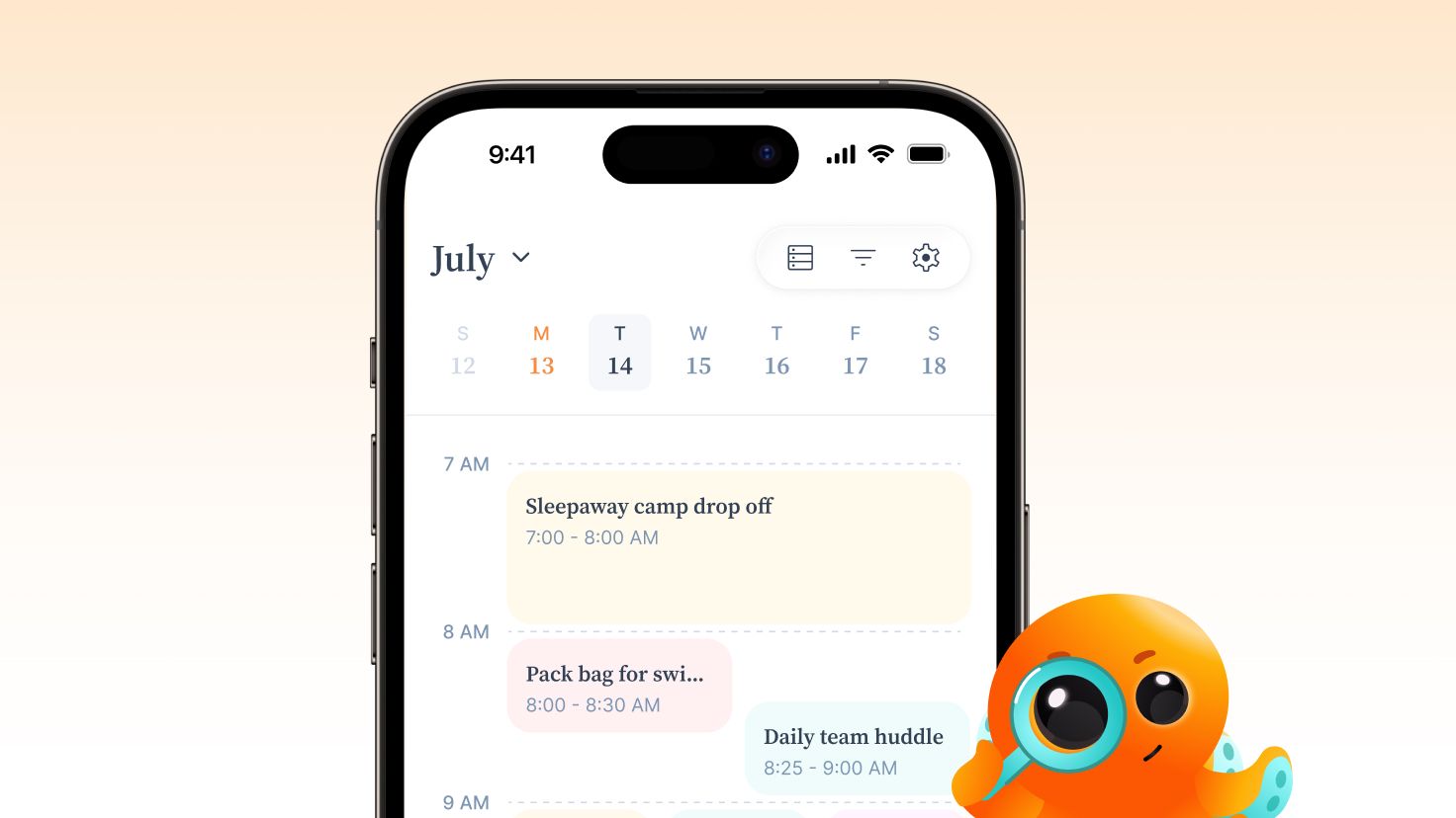 Ohai's shared family calendar view showing every camp, drop-off, and pickup across kids and partners in one place.
