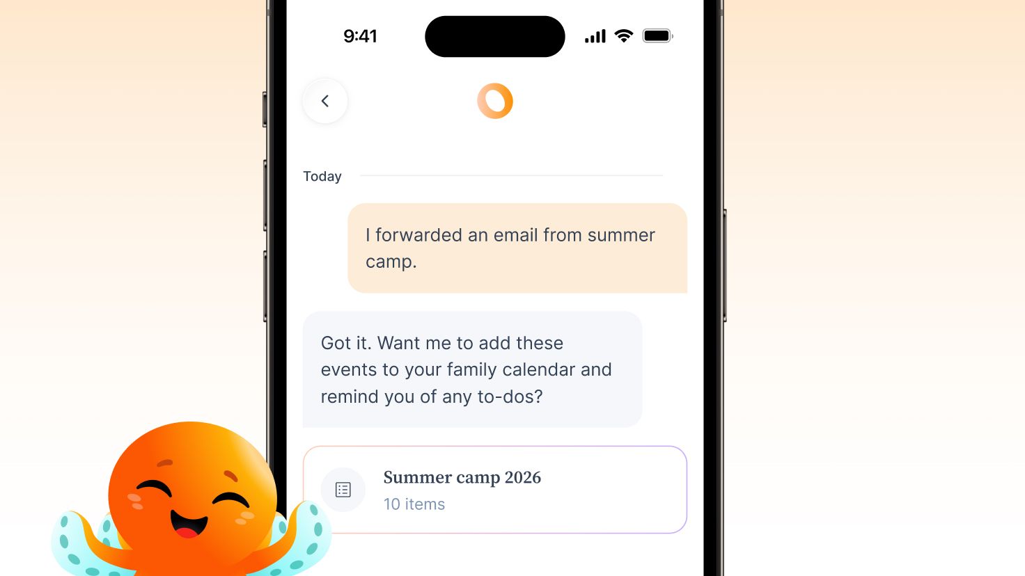 Ohai summarizing a camp email and extracting the key dates, forms, and next steps automatically.