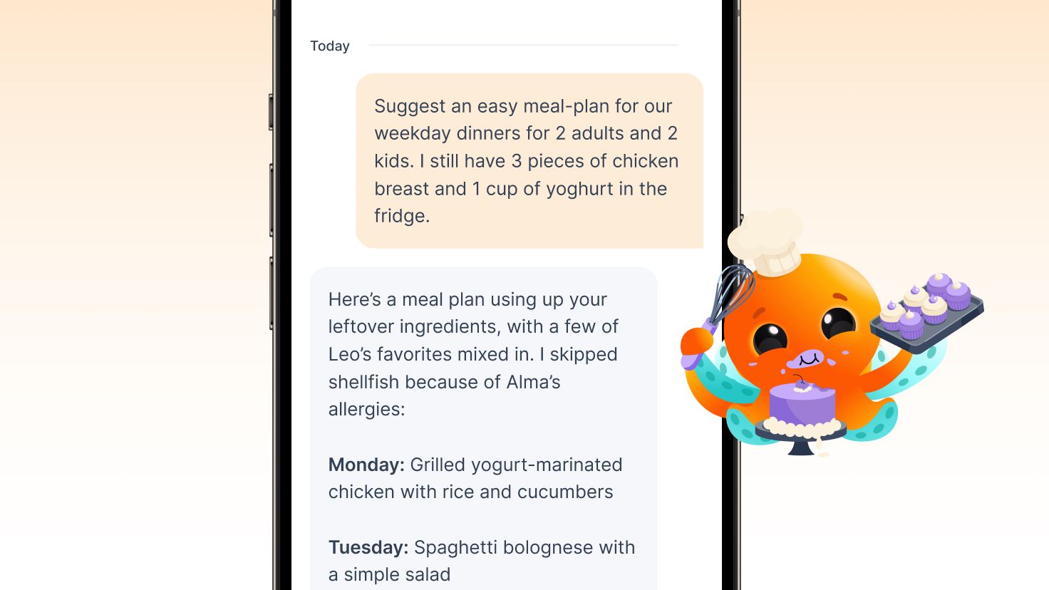 An Ohai-generated camp-week meal plan with a grocery list ready to send to Instacart.