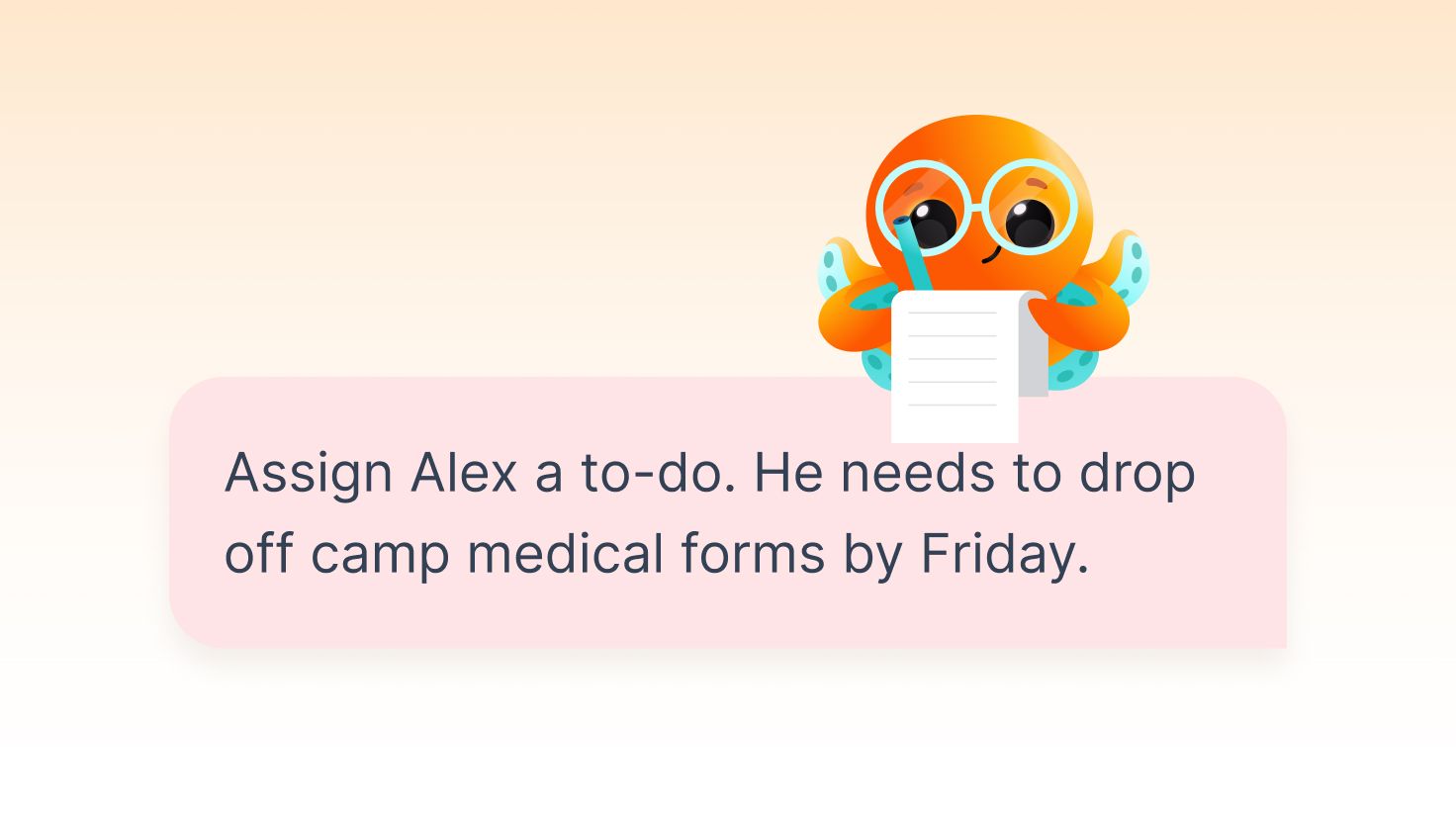 An Ohai To-do assigned to a partner with an SMS reminder for Wednesday camp pickup.